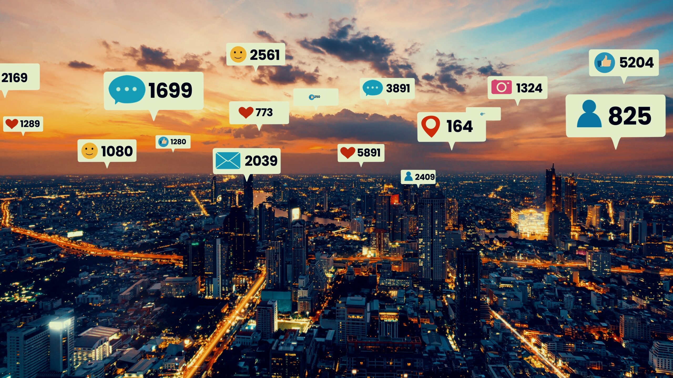 Social media icons fly over city downtown showing people engagement connection