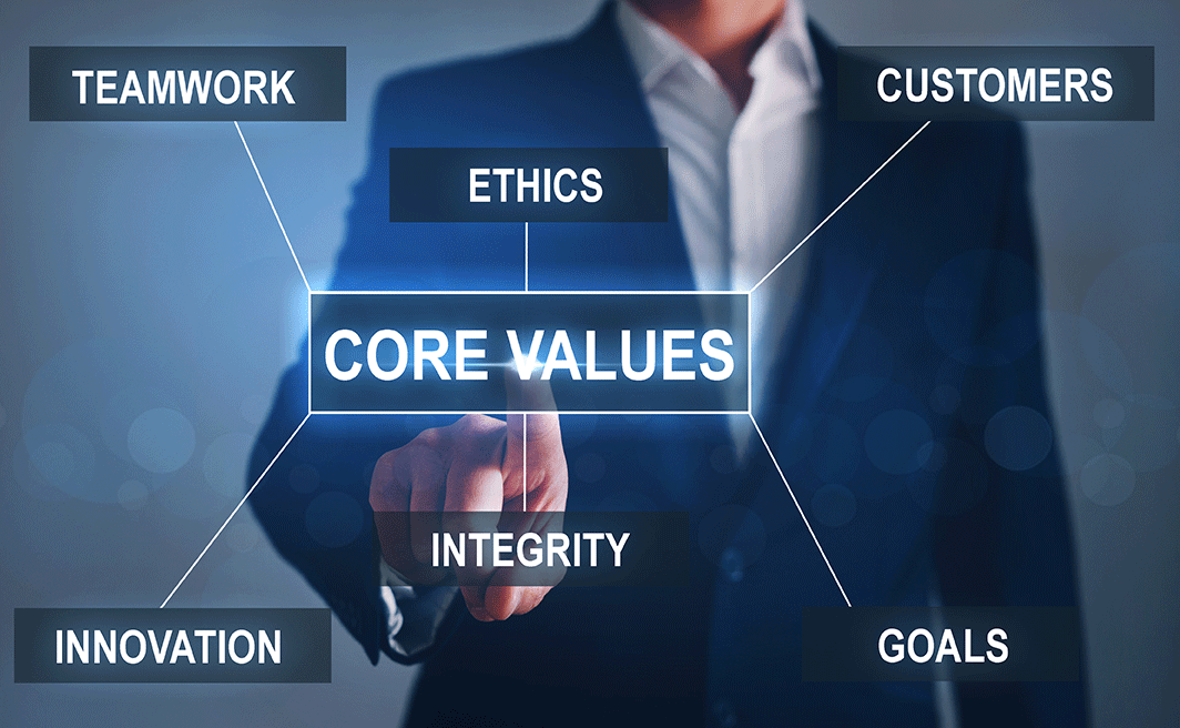 Man pointing at the words "core values"