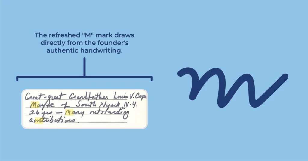 The refreshed "M" mark draws directly from the founder's authentic handwriting.